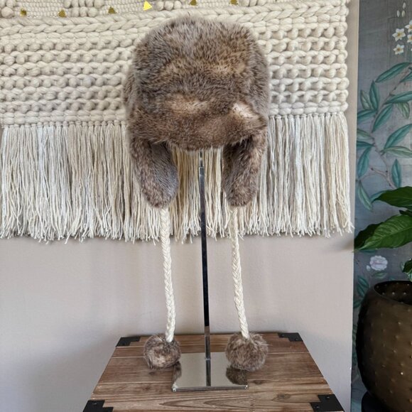 AEO Y2K Faux Fur Trapper Braided Strap w Round Fur Bauble Cozy Winter Hat - Picture 1 of 15